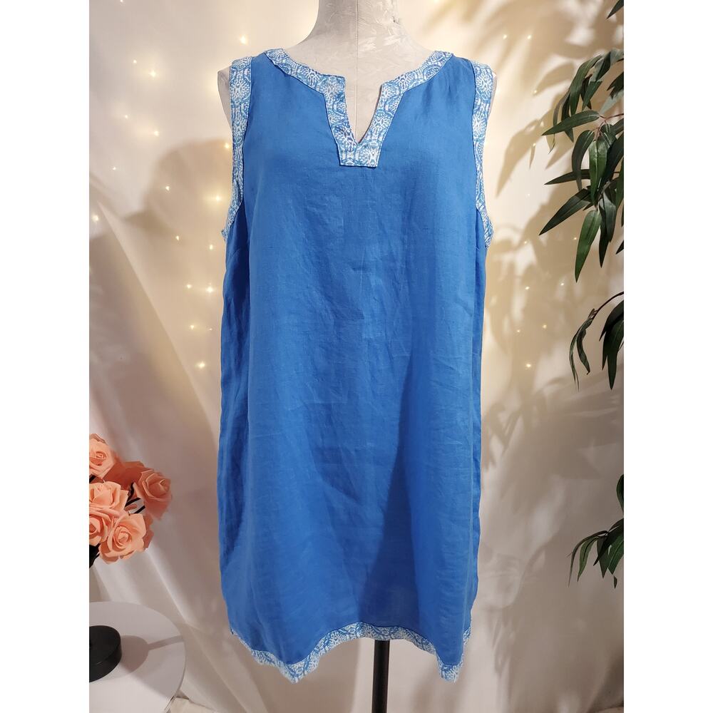 Sigrid Olsen 100% Linen Blue Sleeveless Tunic Top Mini Shift Dress Womens Size L